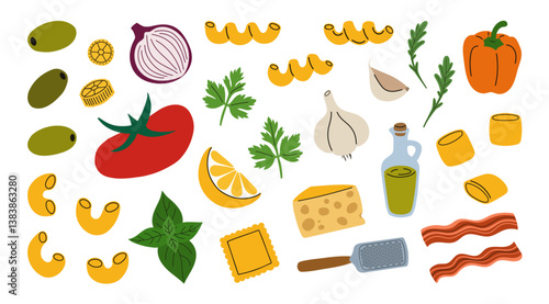 Cartoon illustration of Italian cuisine ingredients. Fresh vegetables and various pasta for cooking. Hand drawn food collection isolated on white background.