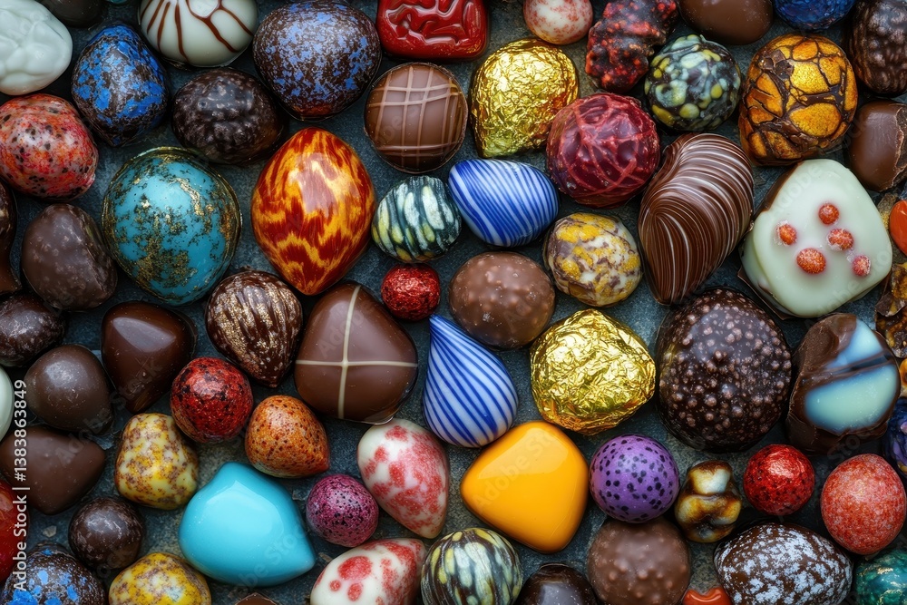 This photo showcases a detailed view of a diverse assortment of chocolates featuring rich colors and varied shapes Gourmet chocolates with gold leaf decor. This photo showcases a detailed view of a diverse assortment of chocolates featuring rich colors and varied shapes Gourmet chocolates with gold leaf decor.