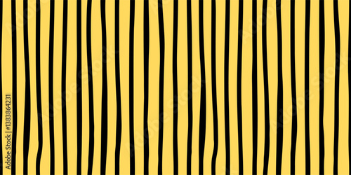 Seamless abstract pattern with hand drawn black vertical stripes on a yellow background. Inspired by animal prints, modern and minimalistic. Great for textiles, branding, packaging, and wallpapers.