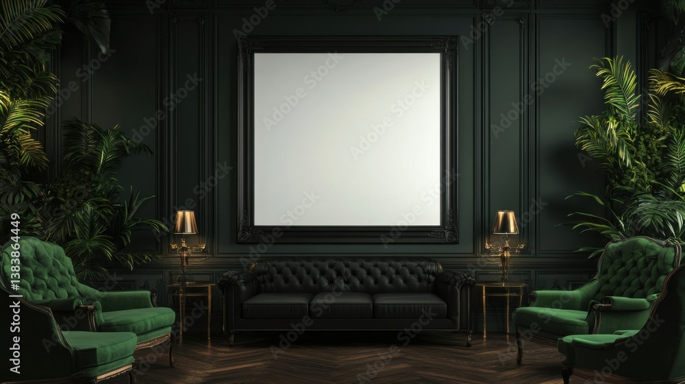 Fototapeta premium a living room with a black couch and green chairs