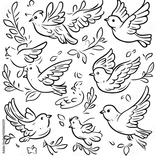 Collection of Doves coloring book vector designs, Doves vector image