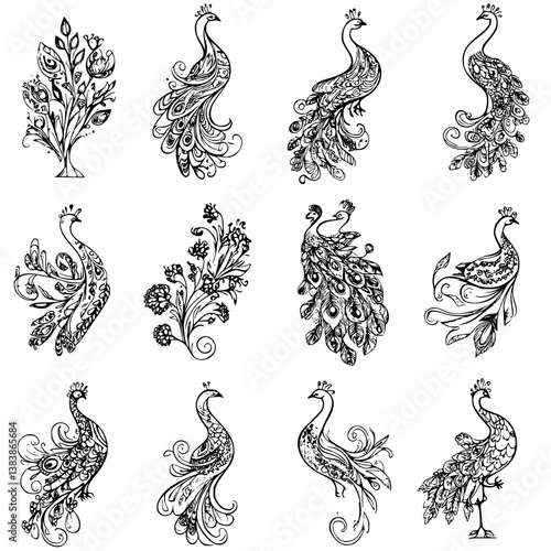 Collection of Peacocks coloring book vector designs, Peacocks vector image