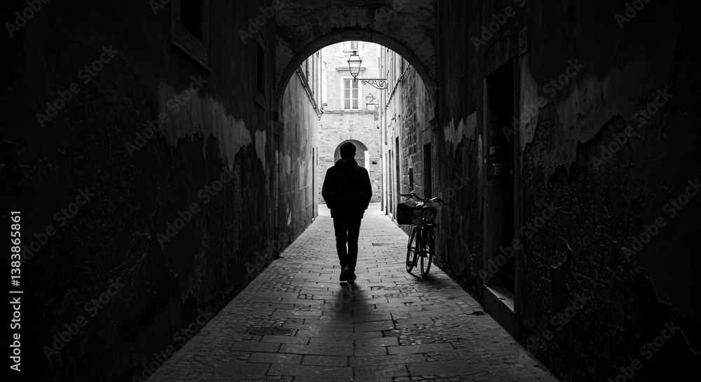 A solitary figure in silhouette walks through a narrow, arched alleyway in a black and white image, moving away from the viewer towards a light source. A solitary figure in silhouette walks through a narrow, arched alleyway in a black and white image, moving away from the viewer towards a light source.