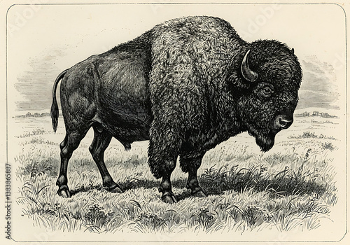 Vintage bison illustration drawing of american buffalo in grassy field