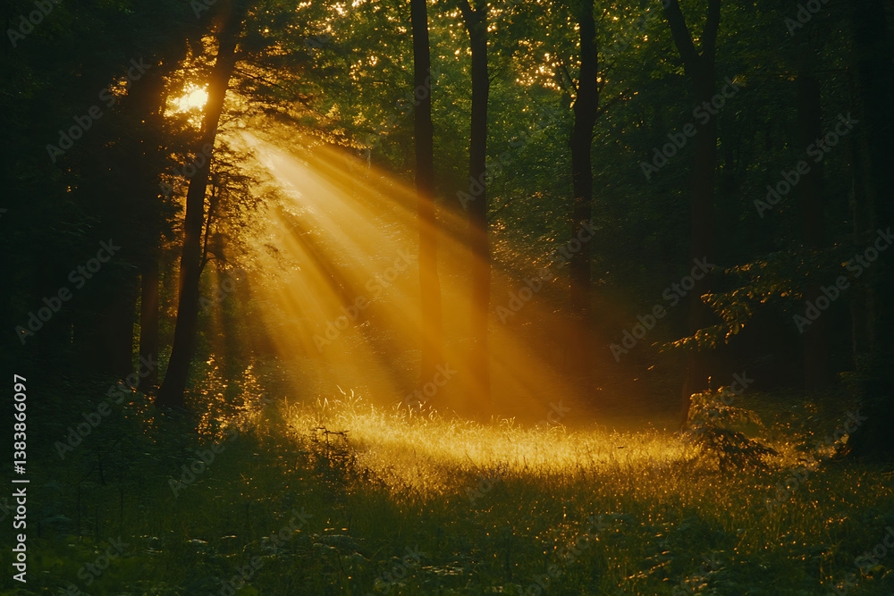 Obraz premium Golden rays of sunlight stream through the dense oak forest at dawn, casting a soft glow on the forest floor 
