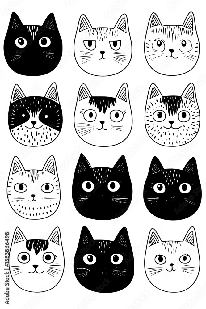 Fototapeta premium Collection of Cat face purses coloring book vector designs, Cat face purses vector image