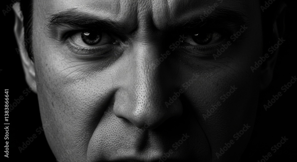 Fototapeta premium Intense Close-Up of an Angry Man's Face - A powerful monochrome portrait conveying anger, frustration, and defiance. The close-up emphasizes texture, emotion, and intensity. Symbolizing rage