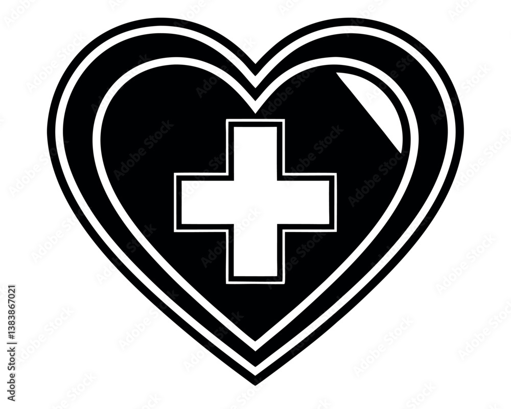 Obraz premium Black Heart with White Plus Sign: Medical and Healthcare Symbol