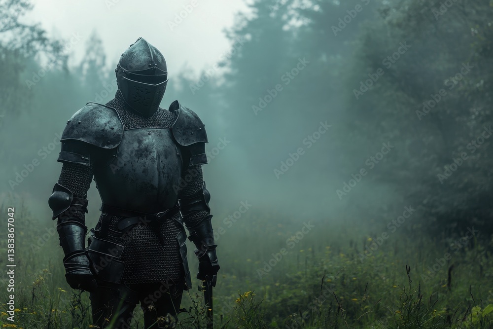 Knight in armor stands in misty forest during early morning light Knight in armor stands in misty forest during early morning light