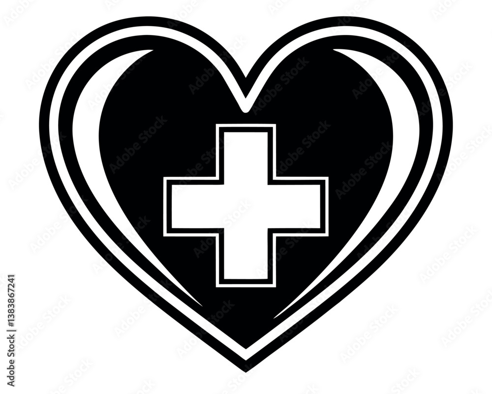 Obraz premium Black Heart with White Plus Sign: Medical and Healthcare Symbol