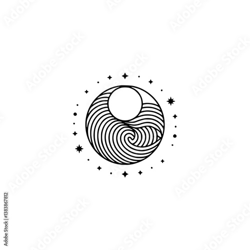 Celestial Ocean Wave Logo, Minimalist Line Art