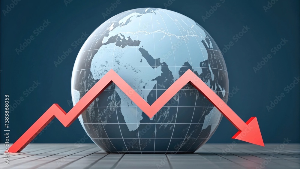 Globe with a red downward trend arrow symbolizing global economic decline. Finance and crisis concept Globe with a red downward trend arrow symbolizing global economic decline. Finance and crisis concept