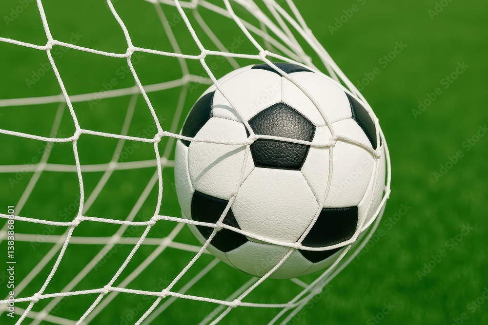 Soccer Ball Hitting the Goal Net with Green Grass Background Soccer Ball Hitting the Goal Net with Green Grass Background