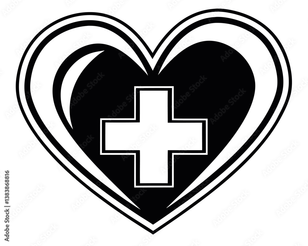 Obraz premium Black Heart with White Plus Sign: Medical and Healthcare Symbol