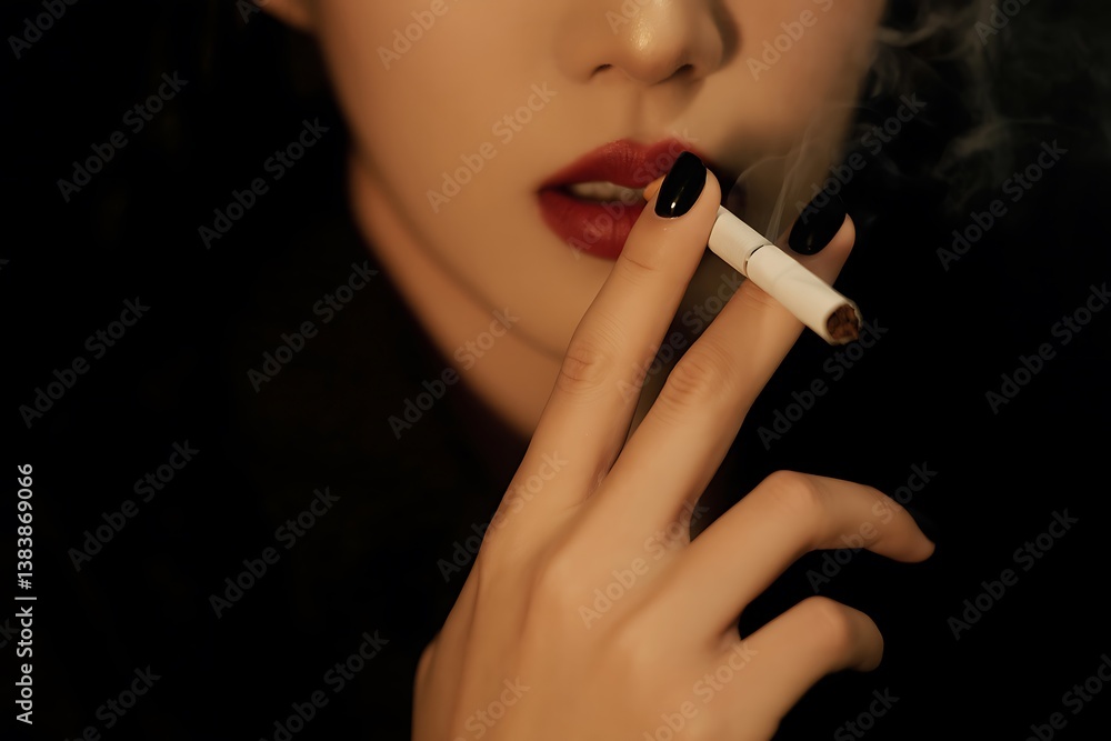Fototapeta premium A woman with red painted lips. He smokes a cigarette, emits smoke from his mouth. Close-up