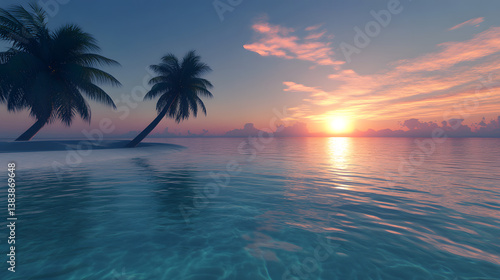 A tropical sunrise with clear blue skies, the sun rising over the horizon and casting long reflections on the calm, crystal-clear water.
