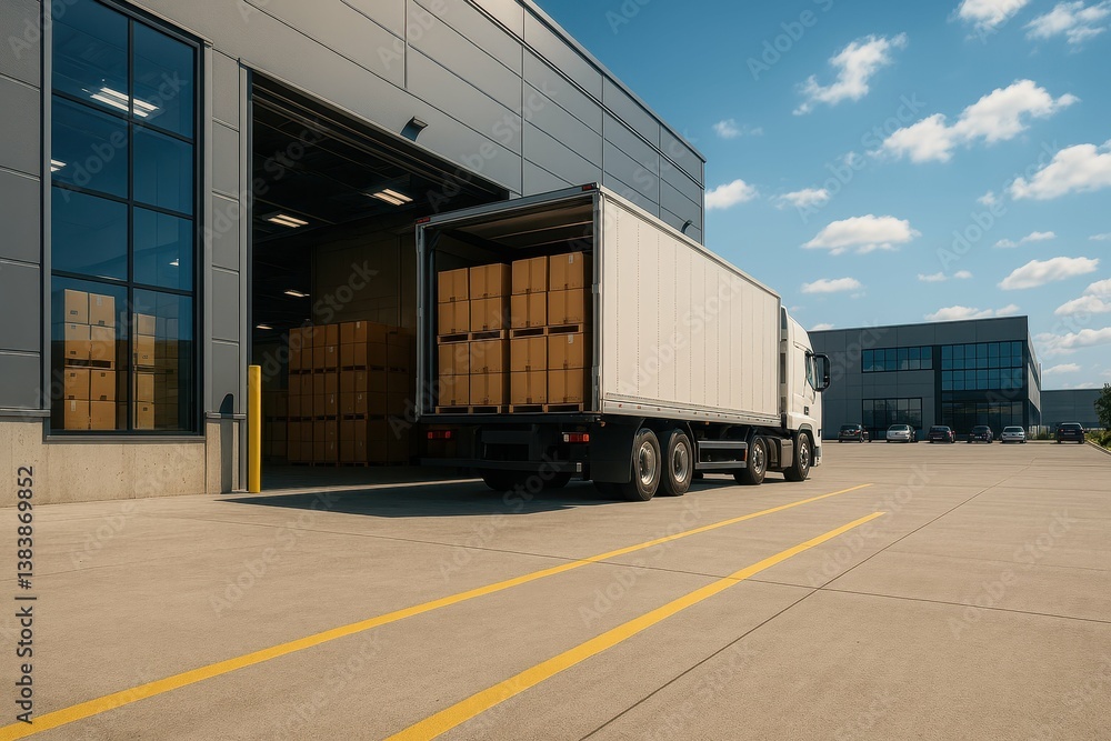 Truck at Warehouse Loading Dock Under Clear Blue Sky