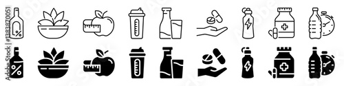 Healthy lifestyle and nutrition Icon set. Silhouette style.