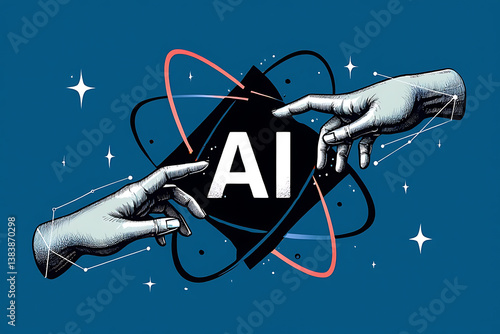 Illustration of hands reaching toward AI symbol encircled by atomic orbits. Futuristic visual metaphor of artificial intelligence.

