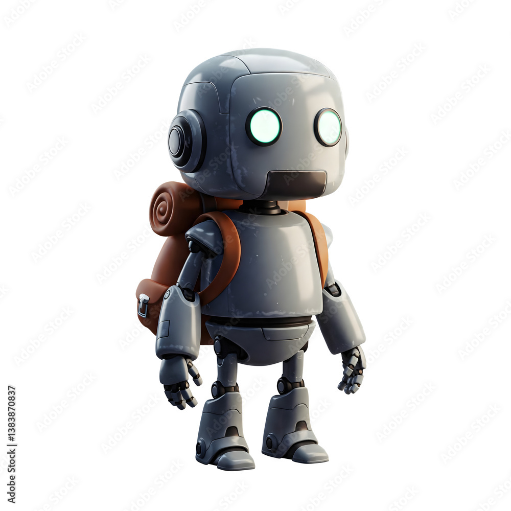 Cute robot with backpack ready for adventure