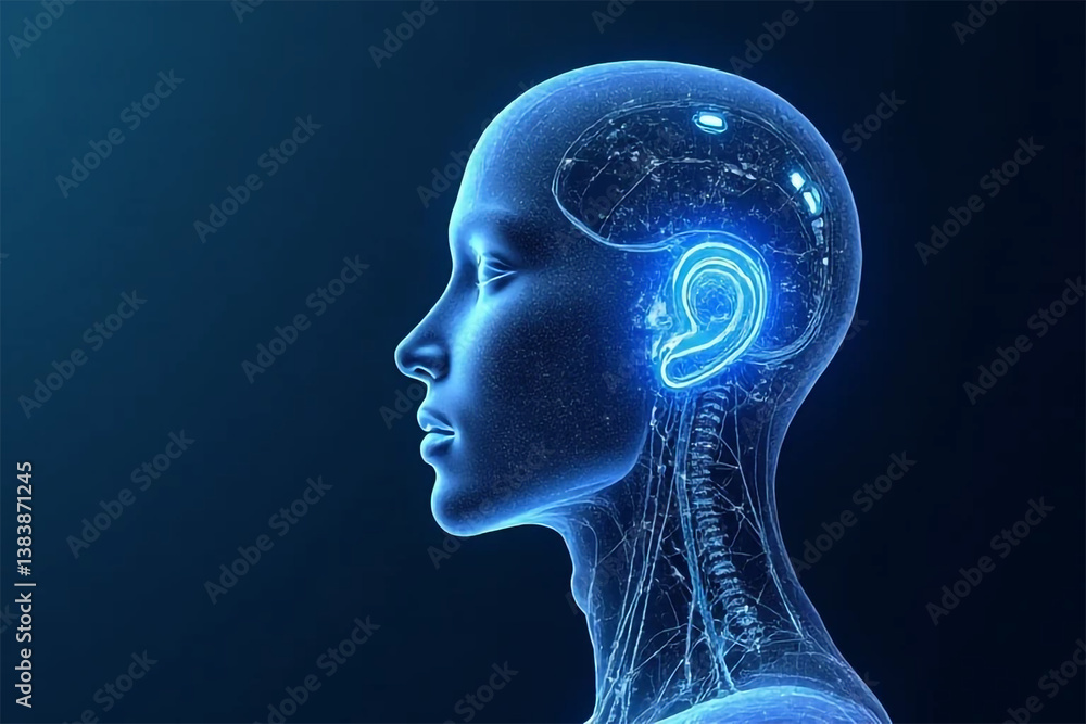 Obraz premium Unveiling the Enigma: A serene profile of a digital mind, its neural pathways glowing with ethereal blue light against a deep blue backdrop.