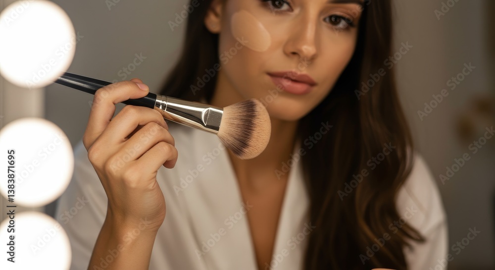 Makeup Brush Application Beauty Routine at Home - A woman applies makeup with a brush, focusing on flawless application and a radiant complexion. The scene conveys elegance, self-care Makeup Brush Application Beauty Routine at Home - A woman applies makeup with a brush, focusing on flawless application and a radiant complexion. The scene conveys elegance, self-care