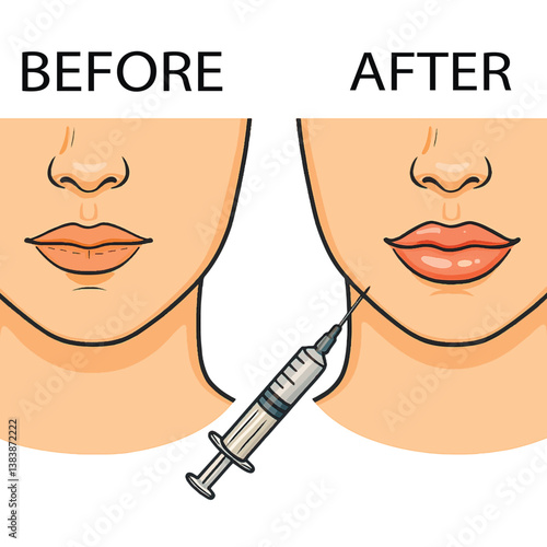 Vector illustration comparing a womans lips before and after lip filler treatment. Isolated design on white background. Ideal for beauty and aesthetic visuals.