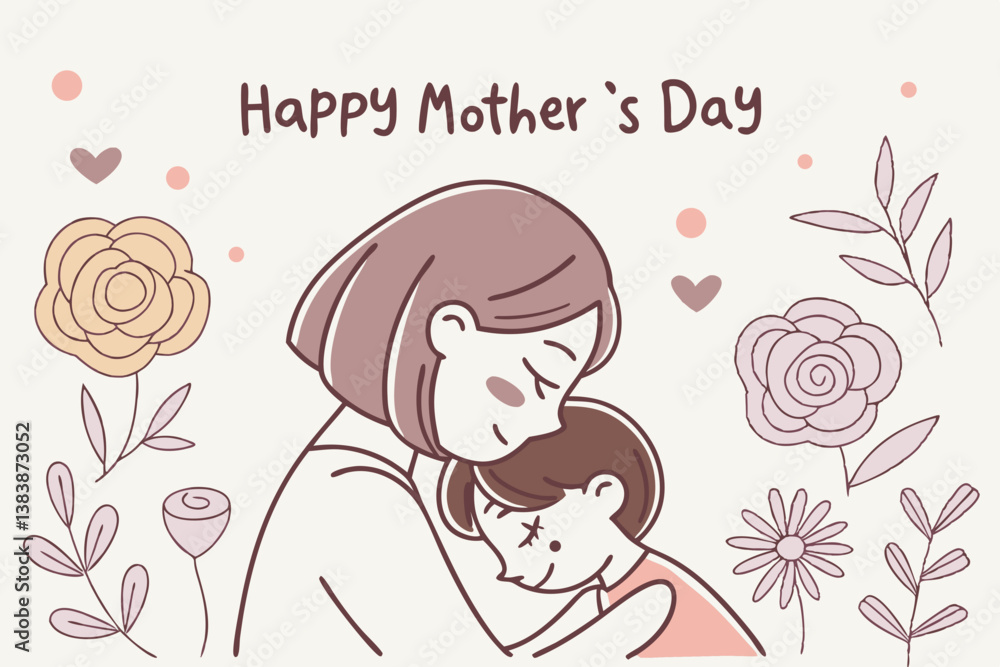Happy Mother's Day A Tender Embrace of Mother and Child Illustration Happy Mother's Day A Tender Embrace of Mother and Child Illustration