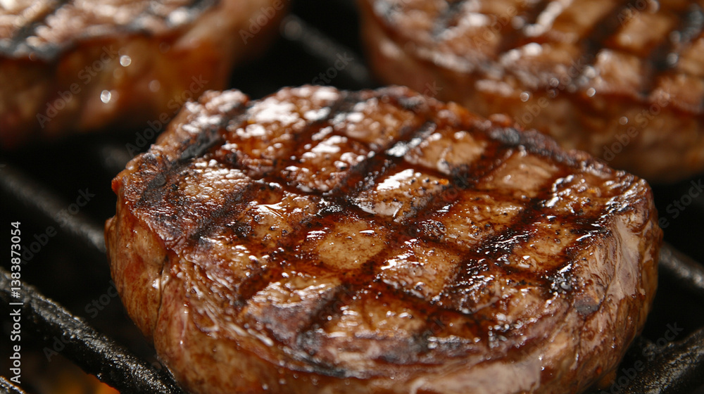 Close-up of three juicy grilled steaks on a hot grill. Close-up of three juicy grilled steaks on a hot grill.