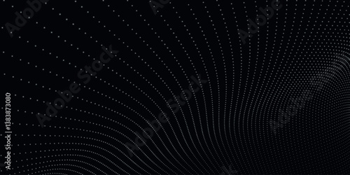 Futuristic dot wave. Abstract digital particle wave. Black and white music wave. Dark background. Digital background with smooth wavy curves. 3D vector illustration