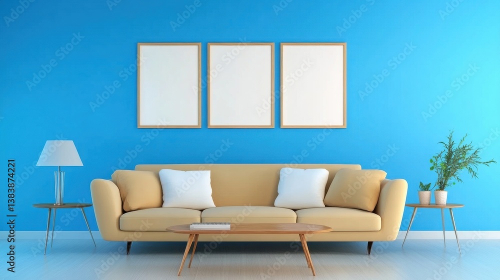 Fototapeta premium a living room with a couch and two framed pictures