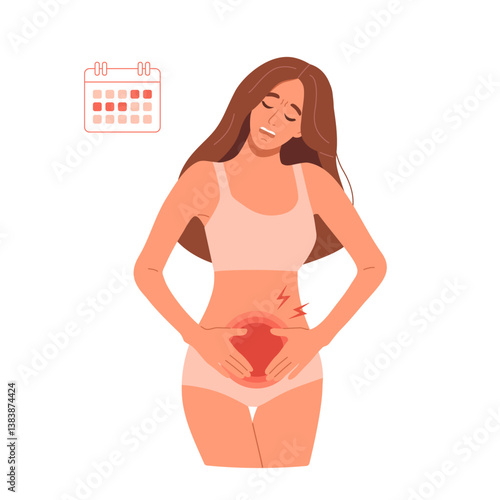 Vector woman with abdominal pain as a symptom of menstrual period. Female stomach ache during menstruation. Gynecological syndrome in the uterus