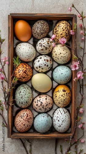A rustic wooden tray showcases a vibrant collection of intricately decorated eggs, each boasting unique patterns. Delicate pink blossoms frame this festive display, capturing the essence of spring