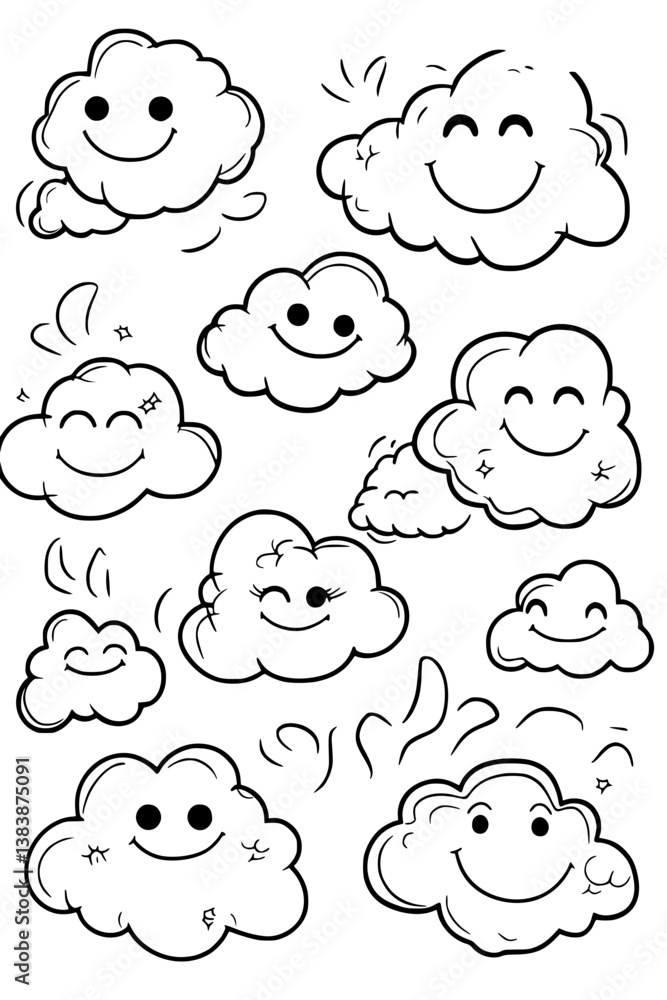 Collection of Clouds with smiley faces coloring book vector designs, Clouds with smiley faces vector illustration Collection of Clouds with smiley faces coloring book vector designs, Clouds with smiley faces vector illustration