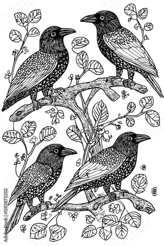 Collection of Crows coloring book vectors, Crows vector illustration