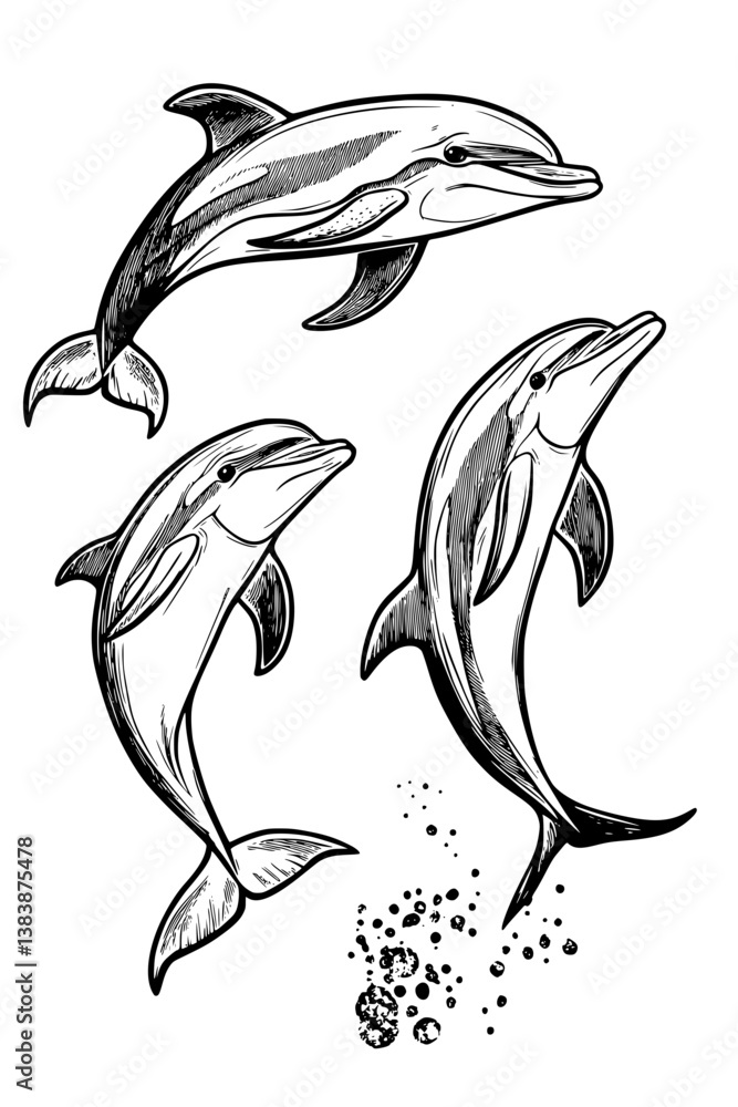 Naklejka premium Collection of Dolphins coloring book vectors, Dolphins vector illustration