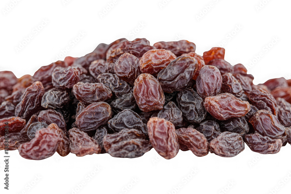 A luscious pile of plump, dark raisins, rich and sweet, ready to be enjoyed; a vibrant close-up shot against a pure white background. A luscious pile of plump, dark raisins, rich and sweet, ready to be enjoyed; a vibrant close-up shot against a pure white background.