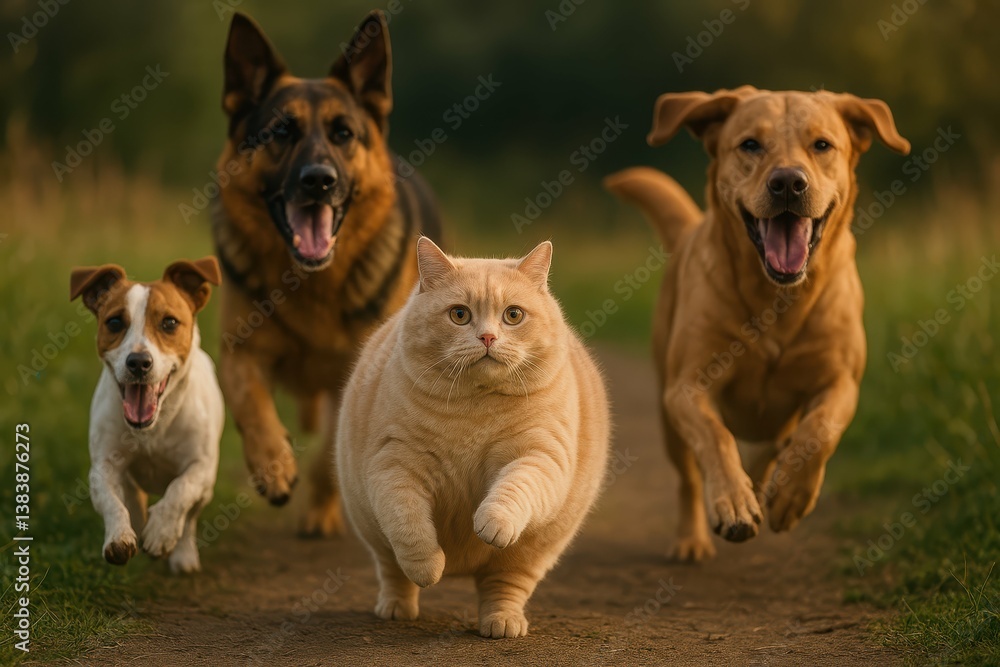 Playful Cat Chasing Dogs in a Lively Outdoor Scene Playful Cat Chasing Dogs in a Lively Outdoor Scene