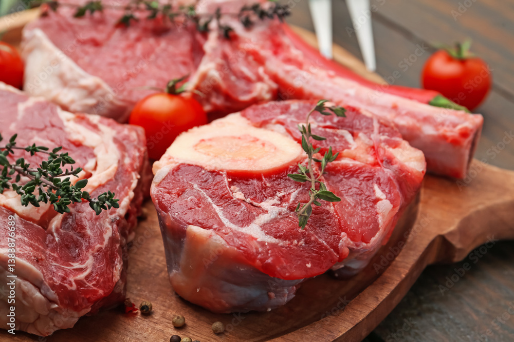 Pieces of raw beef, tomatoes and spices on wooden table, closeup Pieces of raw beef, tomatoes and spices on wooden table, closeup