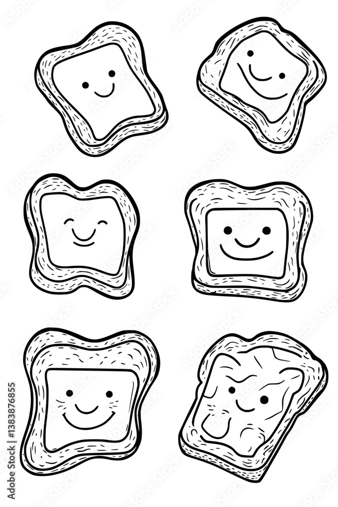 Collection of Miniature toasts with butter faces coloring book vector designs, Miniature toasts with butter faces vector illustration Collection of Miniature toasts with butter faces coloring book vector designs, Miniature toasts with butter faces vector illustration