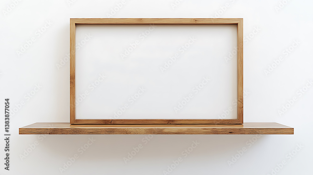 Blank picture frame mockup on wooden shelf and white wall background Blank picture frame mockup on wooden shelf and white wall background
