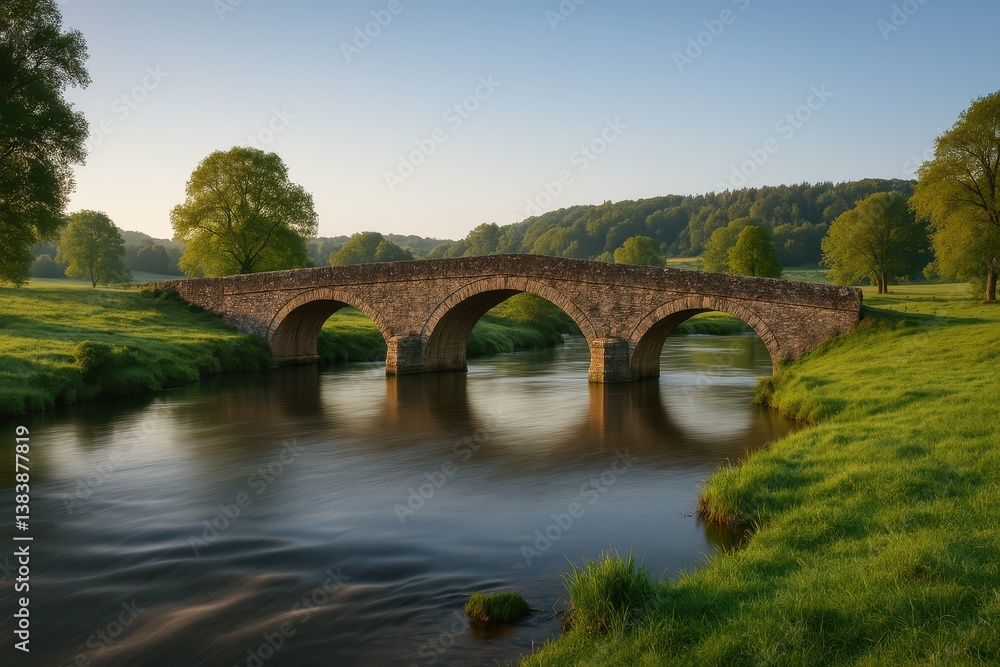 Serene Stone Bridge Over Calm River Amidst Lush Greenery Serene Stone Bridge Over Calm River Amidst Lush Greenery
