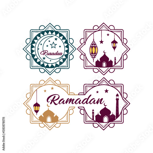 Create a set of four Ramadan-themed decorative labels with intricate geometric frames inspired by Islamic art