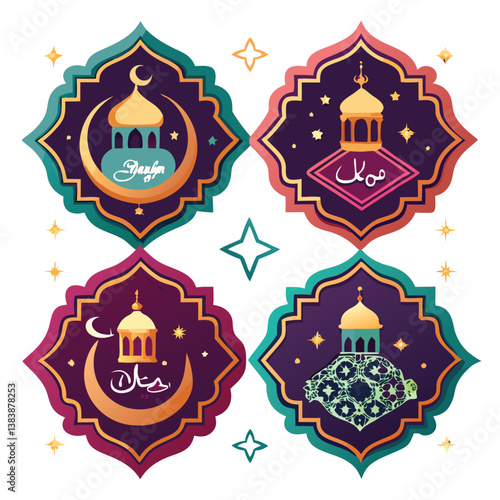 Create a set of four Ramadan-themed decorative labels with intricate geometric frames inspired by Islamic art