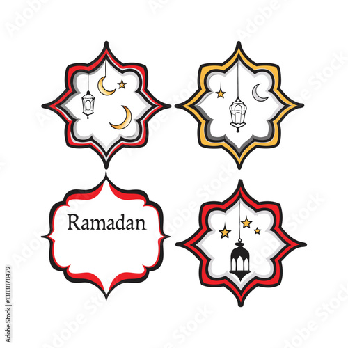Create a set of four Ramadan-themed decorative labels with intricate geometric frames inspired by Islamic art