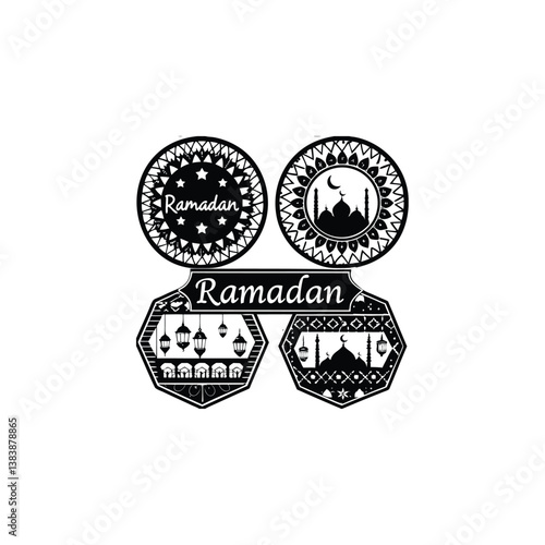Create a set of four Ramadan-themed decorative labels with intricate geometric frames inspired by Islamic art
