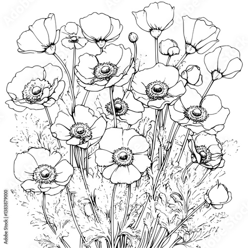 Collection of Anemones coloring book vector designs, Anemones illustration art