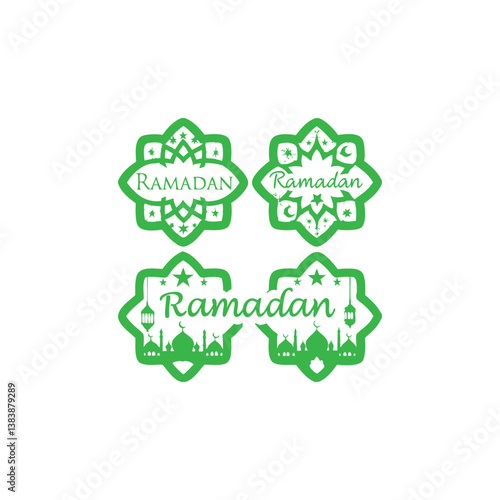 Create a set of four Ramadan-themed decorative labels with intricate geometric frames inspired by Islamic art