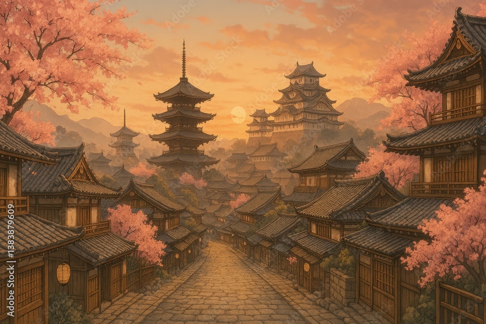 Fototapeta premium Serene Ancient Japanese Cityscape Under Sunset with Cherry Blossoms