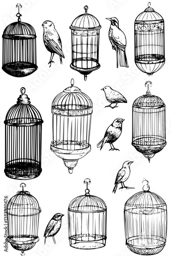 Collection of Birdcages coloring book vector designs, Birdcages illustration art